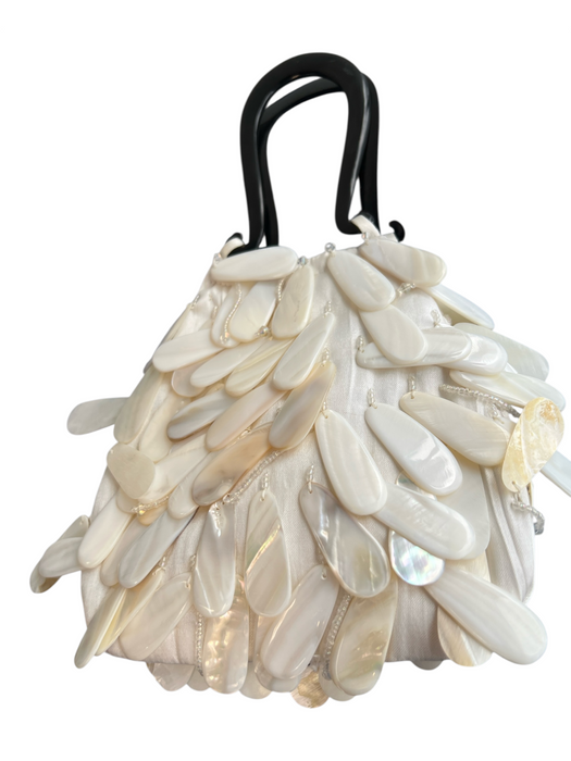 No Brand White & Black Shell Double Handle Beads Bag White & Black / Small