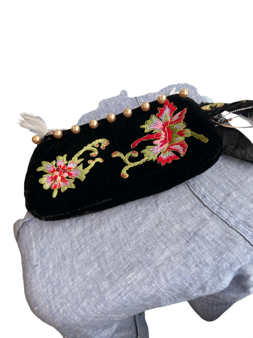 Ipa-Nima Black & Multi Velvet Embroidered Wristlet Pearls Top Zip Bag Black & Multi / Small