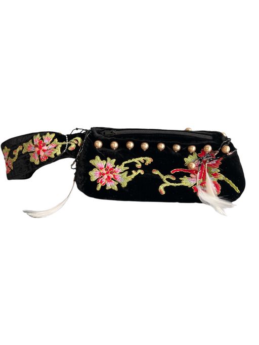 Ipa-Nima Black & Multi Velvet Embroidered Wristlet Pearls Top Zip Bag Black & Multi / Small