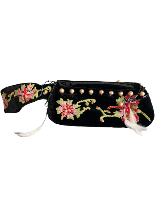 Ipa-Nima Black & Multi Velvet Embroidered Wristlet Pearls Top Zip Bag Black & Multi / Small