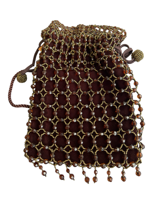 Bloomingdale's Brown Satin Beaded Cord Strap Drawstring Pouch Bag Brown / Small