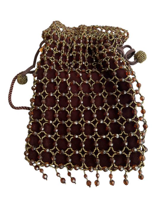 Bloomingdale's Brown Satin Beaded Cord Strap Drawstring Pouch Bag Brown / Small