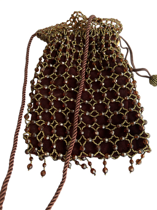 Bloomingdale's Brown Satin Beaded Cord Strap Drawstring Pouch Bag Brown / Small