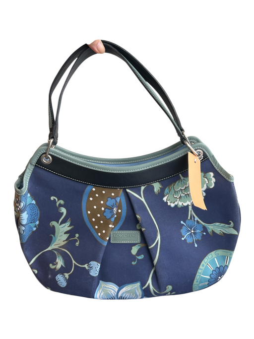 Longchamp Blue & Green Canvas & Leather Double Strap Snap Closure Floral Bag Blue & Green / Medium