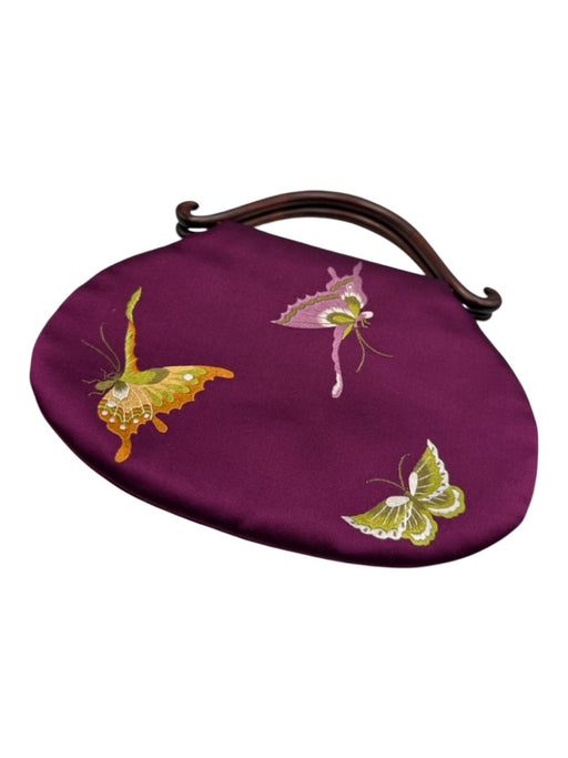 Jooi Purple, Green, Orange Silk Wood Handle Butterflies Satin Embroidered Bag Purple, Green, Orange / Mini