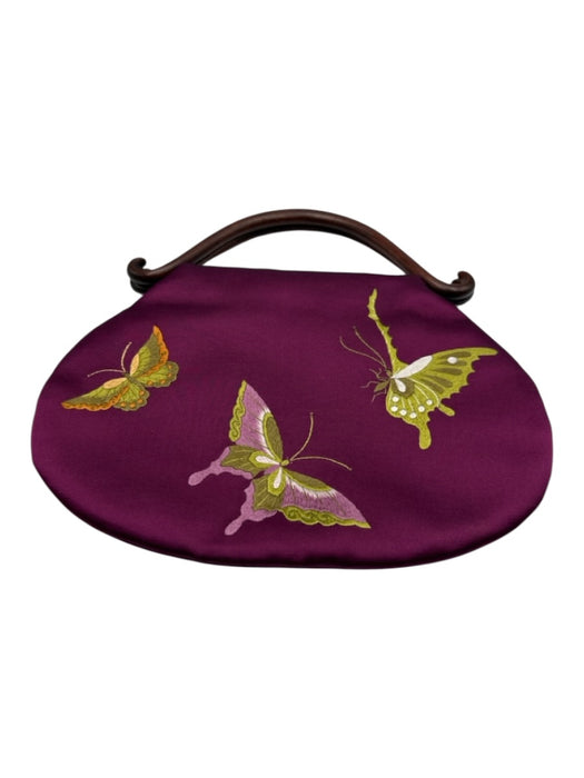 Jooi Purple, Green, Orange Silk Wood Handle Butterflies Satin Embroidered Bag Purple, Green, Orange / Mini