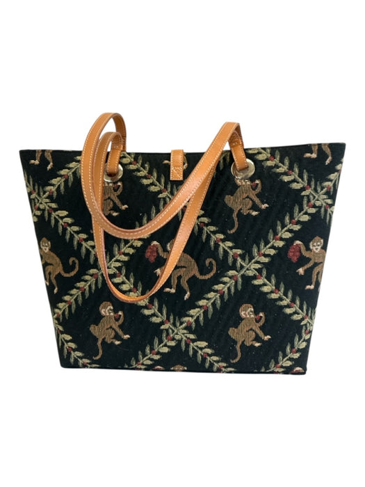 Jim Thompson Black, Green, Red Leather trim Monkeys Jacquard Tote Bag Black, Green, Red / Large