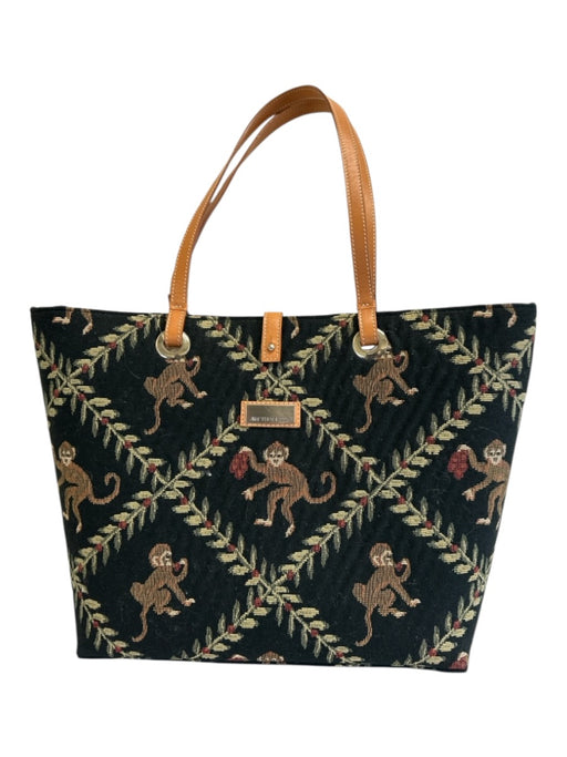 Jim Thompson Black, Green, Red Leather trim Monkeys Jacquard Tote Bag Black, Green, Red / Large