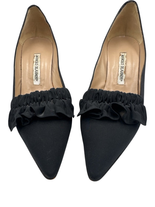 Manolo Blahnik Shoe Size 39 Black Nylon Pointed Toe Gathered Low Heel Pumps Black / 39