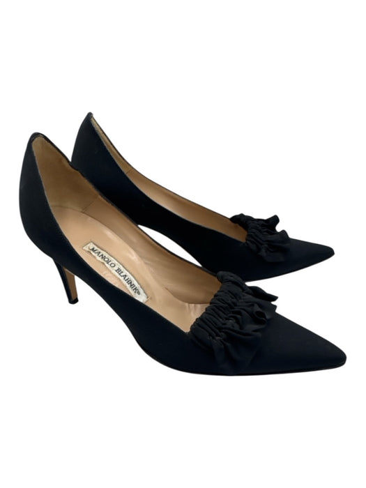 Manolo Blahnik Shoe Size 39 Black Nylon Pointed Toe Gathered Low Heel Pumps Black / 39