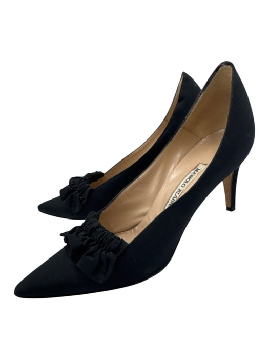 Manolo Blahnik Shoe Size 39 Black Nylon Pointed Toe Gathered Low Heel Pumps Black / 39