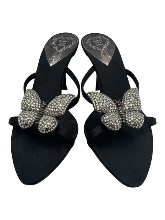 Rodo Shoe Size 38 Black & Clear Leather & Textile Rhinestone Butterfly Sandals Black & Clear / 38