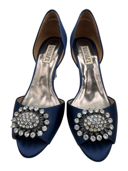 Badgley Mischka Shoe Size 8.5 Navy Blue Leather & Textile Satin Crystal Pumps Navy Blue / 8.5
