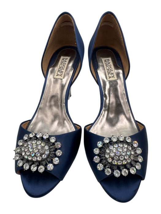 Badgley Mischka Shoe Size 8.5 Navy Blue Leather & Textile Satin Crystal Pumps Navy Blue / 8.5