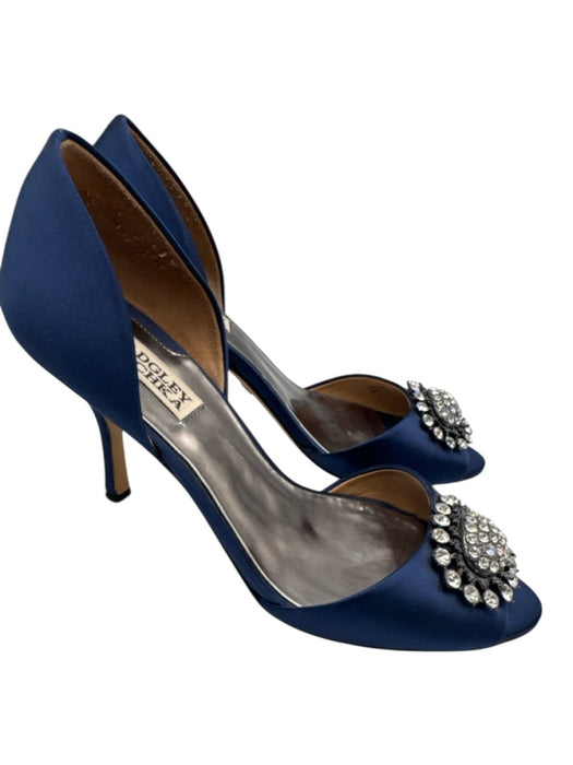 Badgley Mischka Shoe Size 8.5 Navy Blue Leather & Textile Satin Crystal Pumps Navy Blue / 8.5