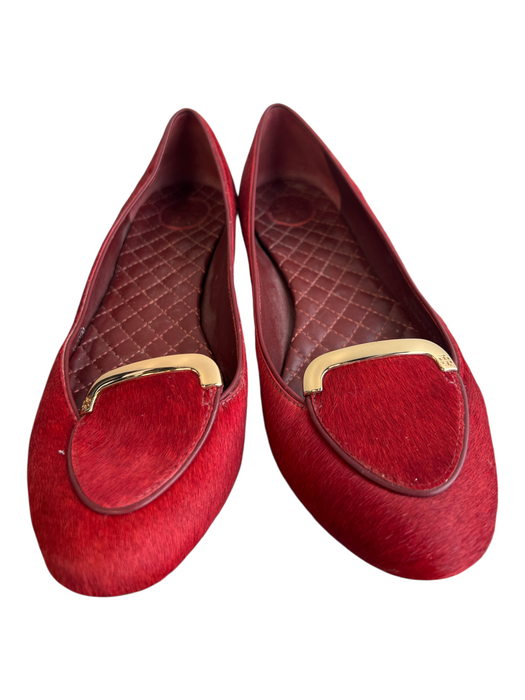 Tory Burch Shoe Size 8.5 Red Calf hair Gold hardware Almond Toe Flat Shoes Red / 8.5