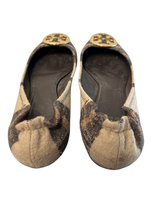 Tory Burch Shoe Size 8.5 Brown & Tan Fabric & Leather Round Toe Plaid Flat Shoes Brown & Tan / 8.5