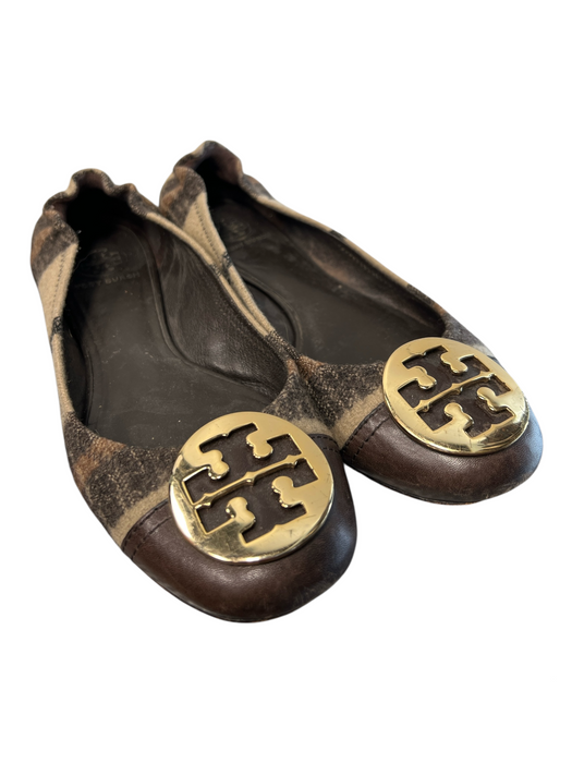 Tory Burch Shoe Size 8.5 Brown & Tan Fabric & Leather Round Toe Plaid Flat Shoes Brown & Tan / 8.5