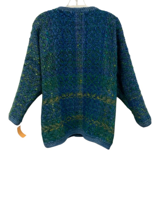 Cobweb Woollies Size M Green, Blue, Yellow Wool Silver Buttons Abstract Cardigan Green, Blue, Yellow / M