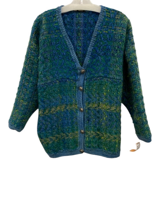 Cobweb Woollies Size M Green, Blue, Yellow Wool Silver Buttons Abstract Cardigan Green, Blue, Yellow / M