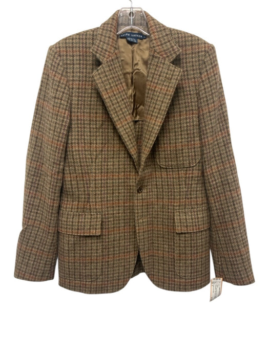 Ralph Lauren Blue Size 6 Brown & Multi Wool Houndstooth Flap Pocket Jacket Brown & Multi / 6