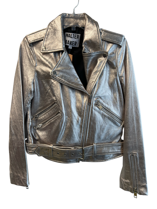 Walter Baker Size S Silver Polyester Faux Leather Metallic Moto Belted Jacket Silver / S