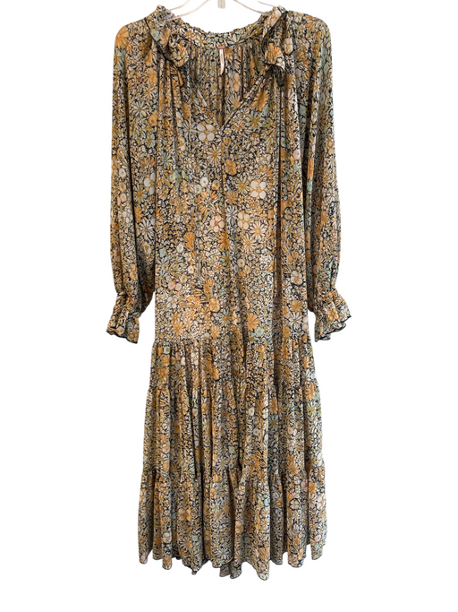 Free People Size S Yellow & Multi Viscose Tie V Neck Long Sleeve Floral Dress Yellow & Multi / S