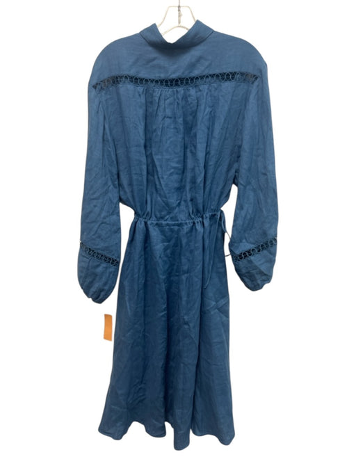 Boteh Size 3 Blue Linen Long Balloon Sleeve 1/2 Button Drawstring Waist Dress Blue / 3