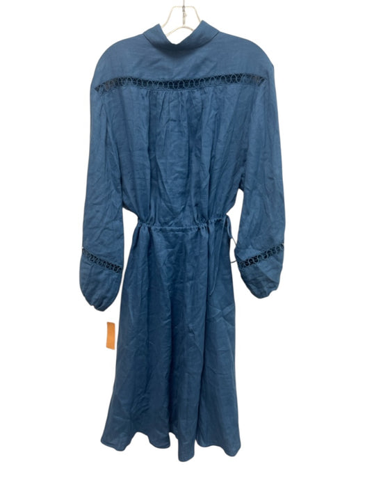 Boteh Size 3 Blue Linen Long Balloon Sleeve 1/2 Button Drawstring Waist Dress Blue / 3