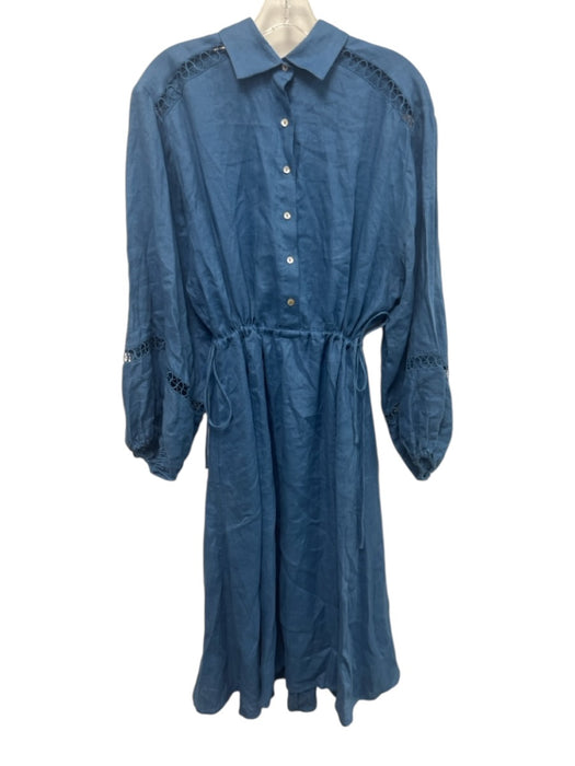 Boteh Size 3 Blue Linen Long Balloon Sleeve 1/2 Button Drawstring Waist Dress Blue / 3