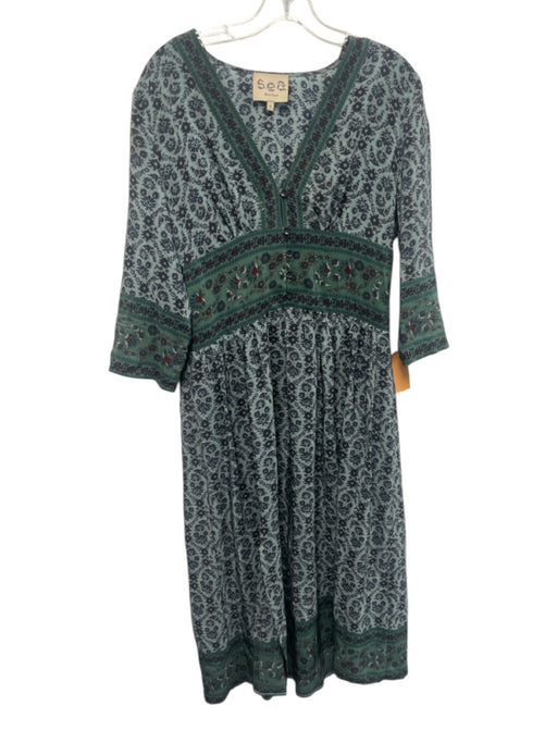 Sea New York Size 8 Green, Blue & Red Silk Geometric Floral Print V Neck Dress Green, Blue & Red / 8