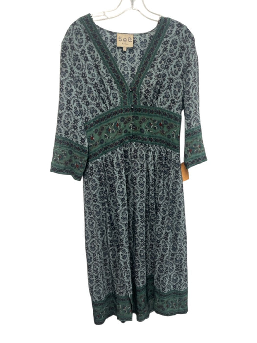 Sea New York Size 8 Green, Blue & Red Silk Geometric Floral Print V Neck Dress Green, Blue & Red / 8