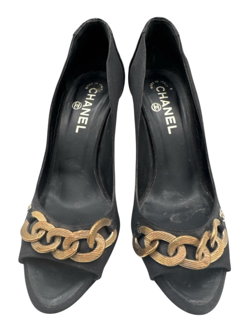 Chanel Shoe Size 39 Black Leather & Textile Chain Link Quilted Peep Toe Pumps Black / 39