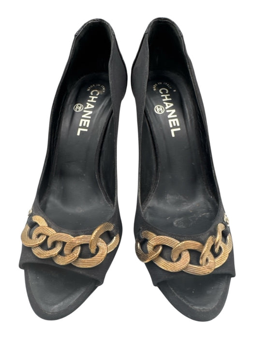 Chanel Shoe Size 39 Black Leather & Textile Chain Link Quilted Peep Toe Pumps Black / 39