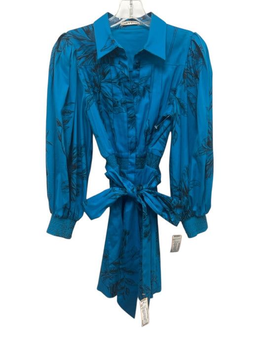 Alice + Olivia Size 4 Blue & Black Cotton Blend Long Balloon Sleeve Floral Dress Blue & Black / 4