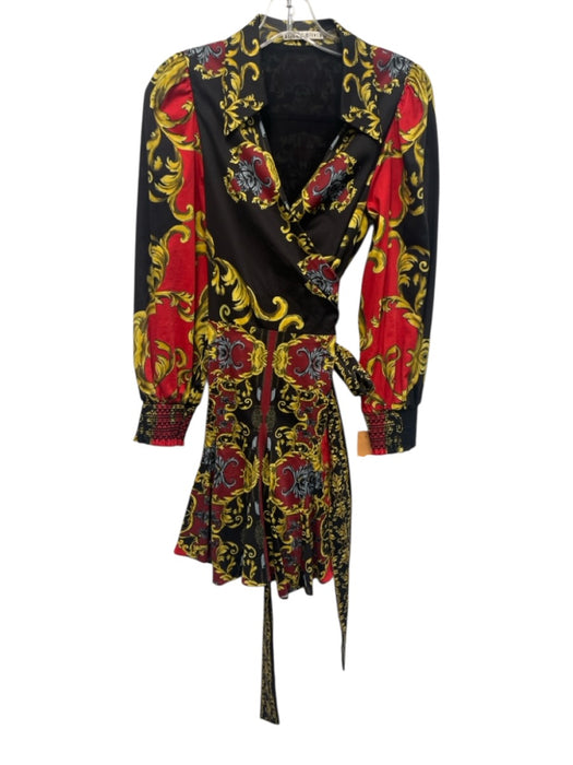 Alice + Olivia Size 4 Black, Yellow & Red Print Cotton Blend Baroque Print Dress Black, Yellow & Red Print / 4