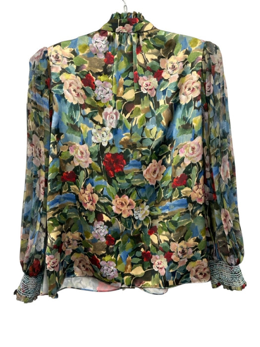 Alice + Olivia Size S Green & Multi Polyester Floral Long Balloon Sleeve Top Green & Multi / S