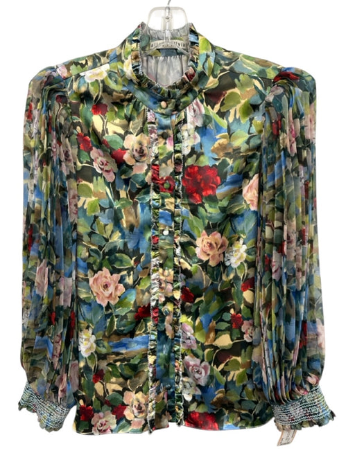Alice + Olivia Size S Green & Multi Polyester Floral Long Balloon Sleeve Top Green & Multi / S