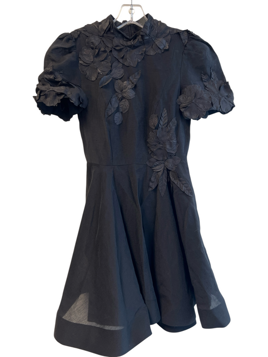 Antonio Melani Size 0 Black Linen & Rayon High Neck Flower Application Dress Black / 0