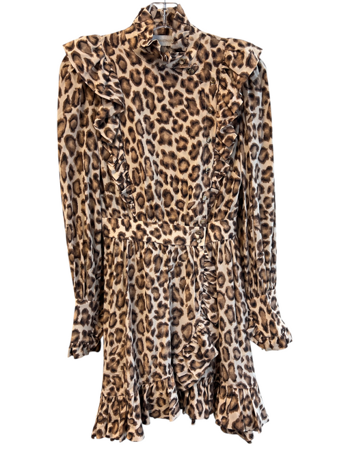 Zimmermann Size 0 Tan Brown Silk High Ruffle Neck Button Front Long Sleeve Dress Tan Brown / 0