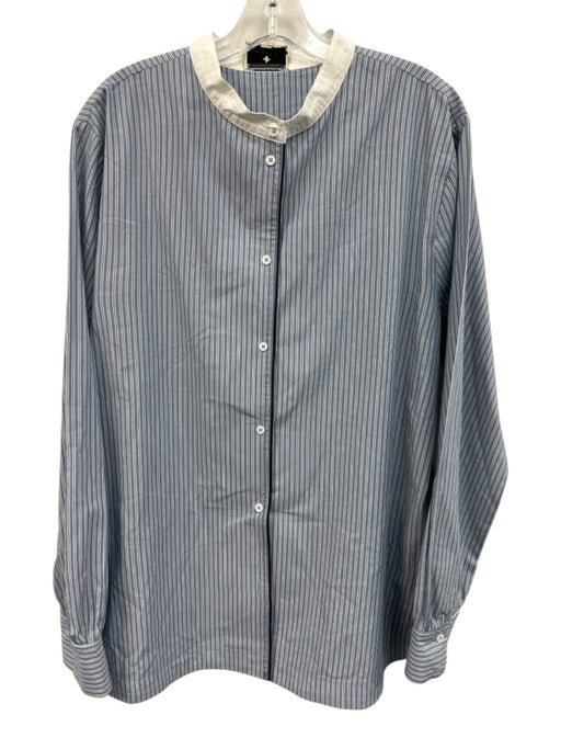 Tuckernuck Size L Blue & White Cotton Striped Button Up Mandarin Collar Top Blue & White / L