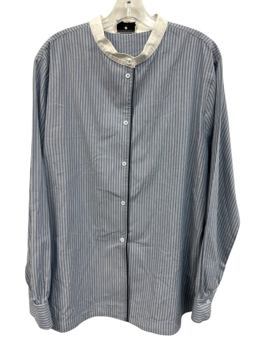 Tuckernuck Size L Blue & White Cotton Striped Button Up Mandarin Collar Top Blue & White / L