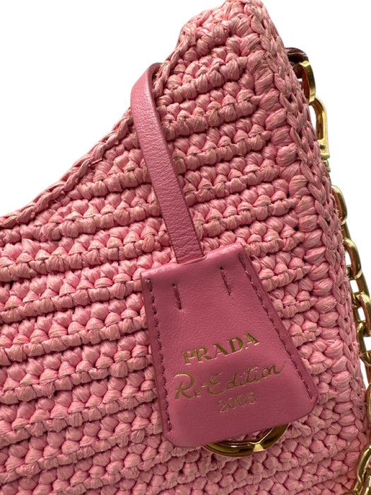 Prada Pink Raffia Crochet Chain Strap Shoulder Bag Pink / S