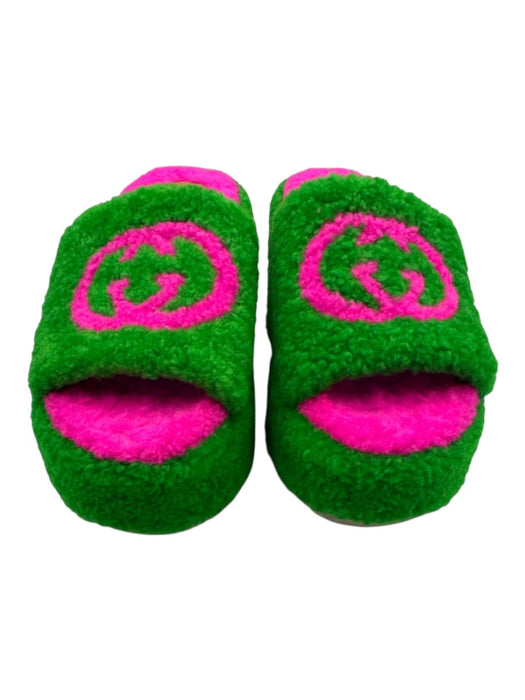 Gucci Shoe Size 38 Pink & Green shearling Leather Logo Platform Slide Sandals Pink & Green / 38