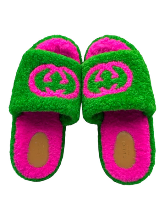 Gucci Shoe Size 38 Pink & Green shearling Leather Logo Platform Slide Sandals Pink & Green / 38