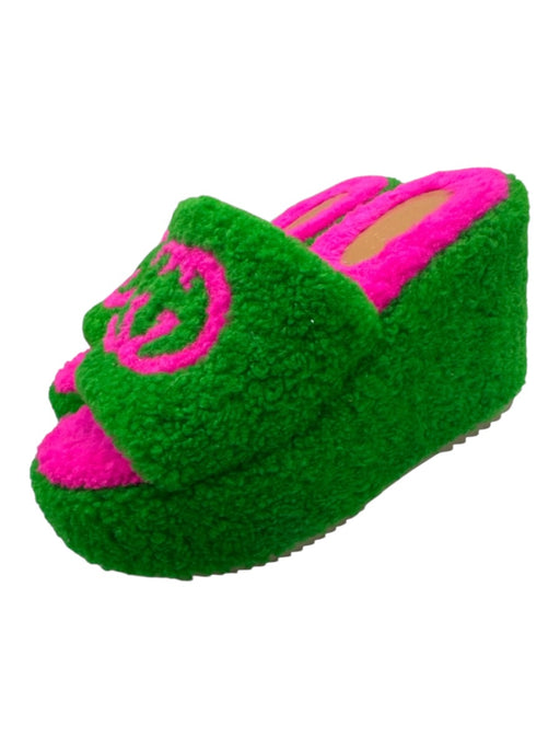 Gucci Shoe Size 38 Pink & Green shearling Leather Logo Platform Slide Sandals Pink & Green / 38