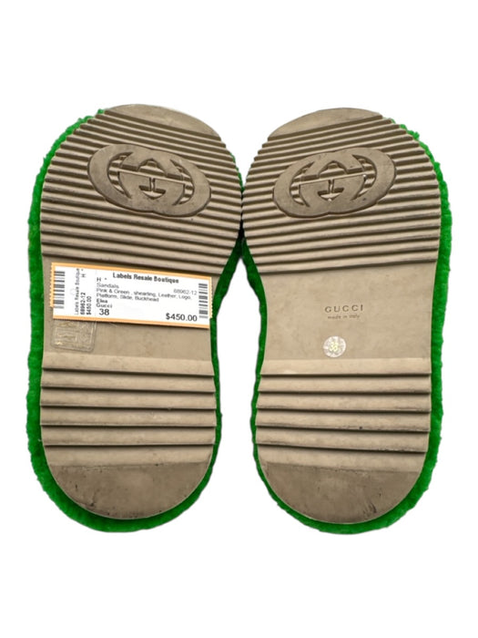 Gucci Shoe Size 38 Pink & Green shearling Leather Logo Platform Slide Sandals Pink & Green / 38