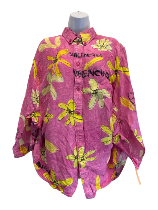 Balenciaga Size 36 / S Pink, Yellow, Black Viscose Blend scribble Floral Top Pink, Yellow, Black / 36 / S