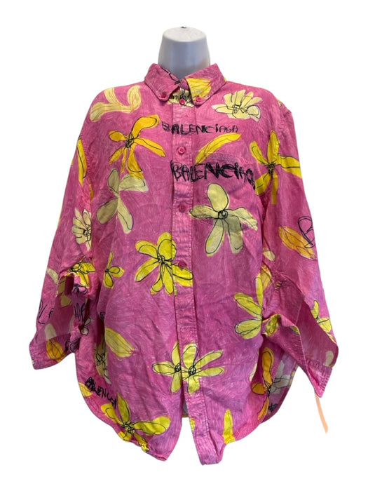 Balenciaga Size 36 / S Pink, Yellow, Black Viscose Blend scribble Floral Top Pink, Yellow, Black / 36 / S