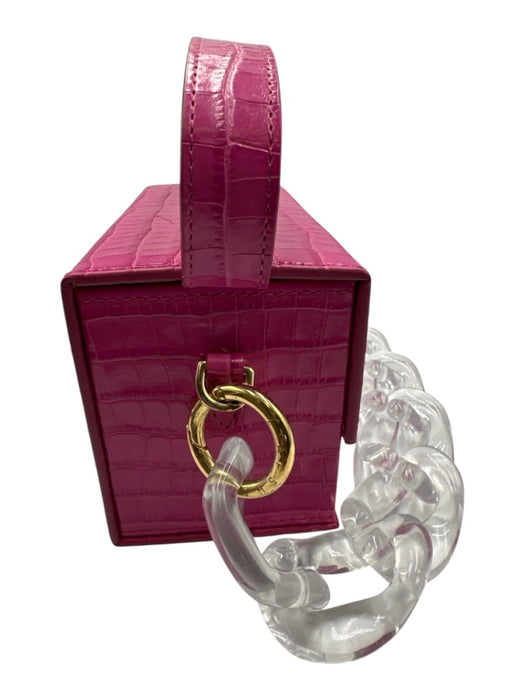 L' Afshar Fuchsia Pink Leather Croc Embossed Chain Link Minaudiere Bag Fuchsia Pink / XS